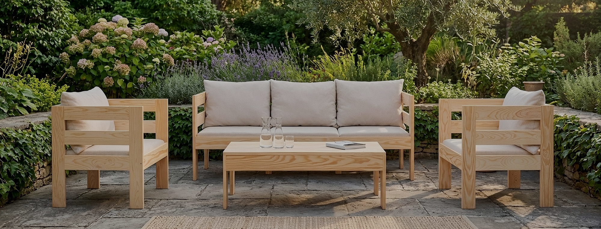 Conjunto de Jardín Modelo MEDITERRANEO Muebles de jardin tapizados en tela anti-manchas y estructura de madera