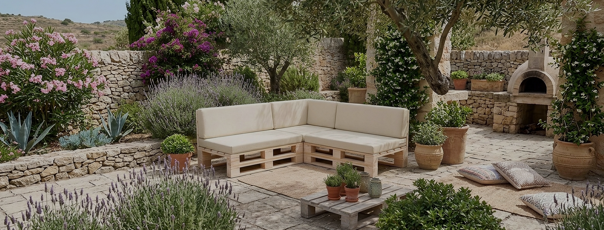 Conjunto de Jardín con estructura de palet Muebles de jardin tapizados en tela anti-manchas y estructura de palet