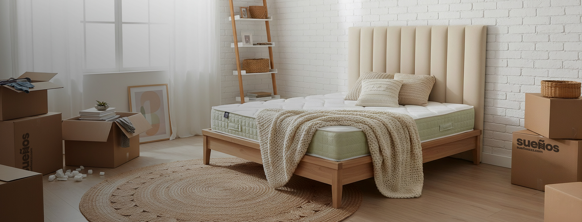 Un dormitorio con una cama, un colch&oacute;n y en la pared un cabecero tapizado en tela beige