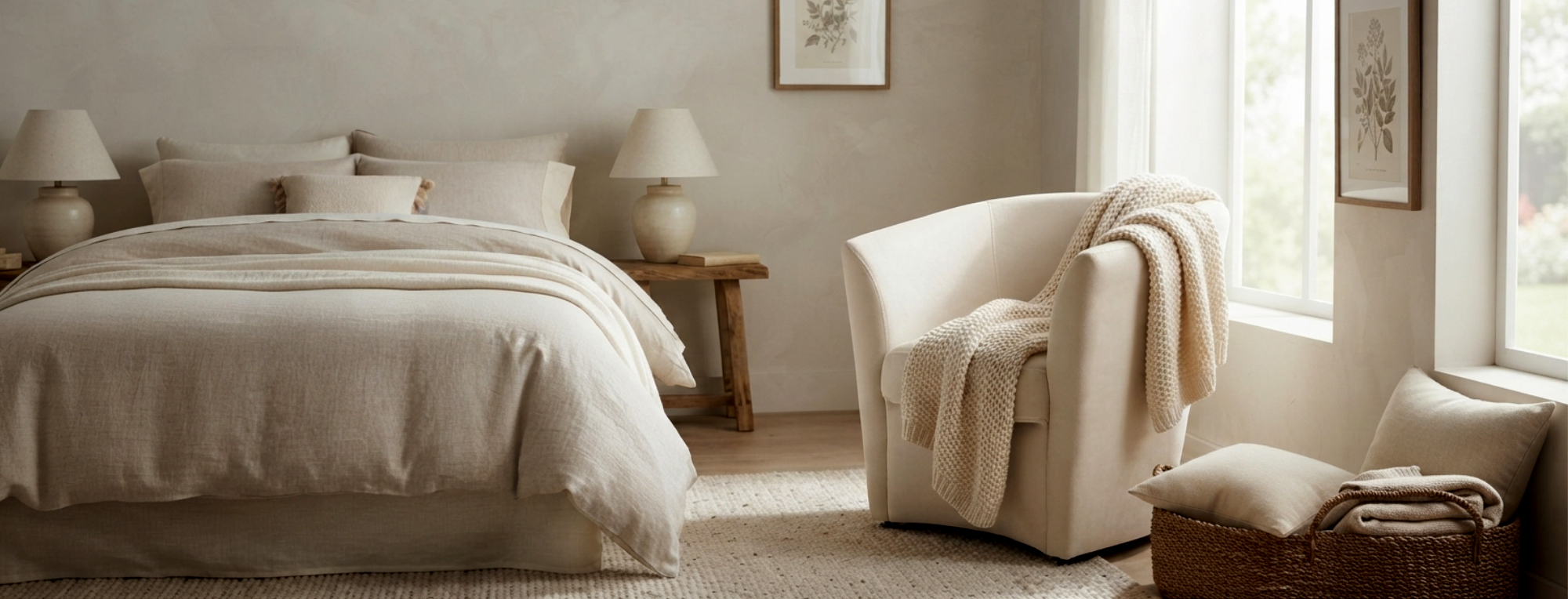 Butaca descalzadora moderna en tonos neutros para dormitorio Sillón descalzador tapizado en color beige con manta de punto en un dormitorio de estilo acogedor
