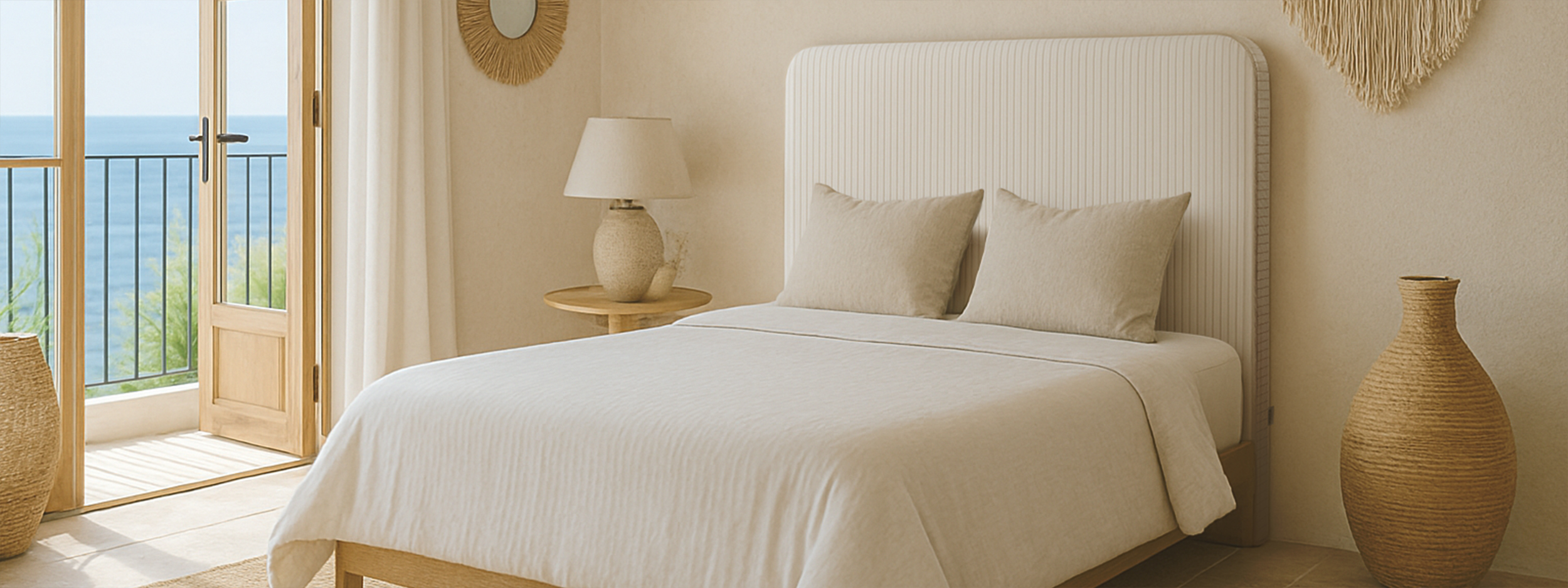 Sillón de exterior en madera de pino con cojines tapizados en piel sintética beige